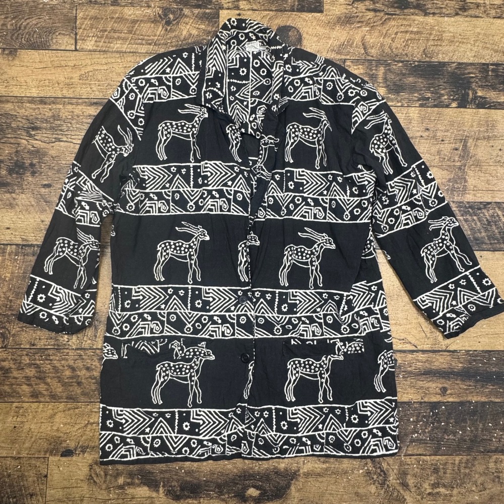 Vintage Geometric Deer‎ Print Rayon Shirt Jacket Black White M